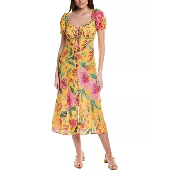NWT Farm Rio Macaw Bloom Yellow Midi Dress Sz Small - $235 MSRP - Picture 1 of 16